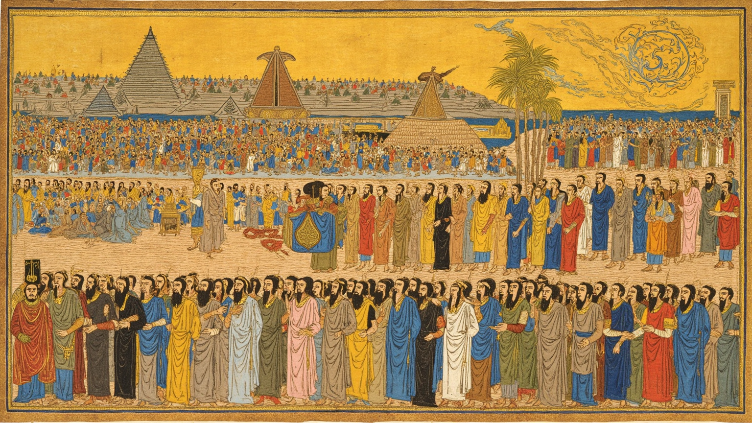 新年节日出时分,国王立于神庙大门前,身披金边羊毛大氅,面前是从塔庙延伸到城门的长长仪仗大道,两侧站满持棕榈枝的祭司与乐师