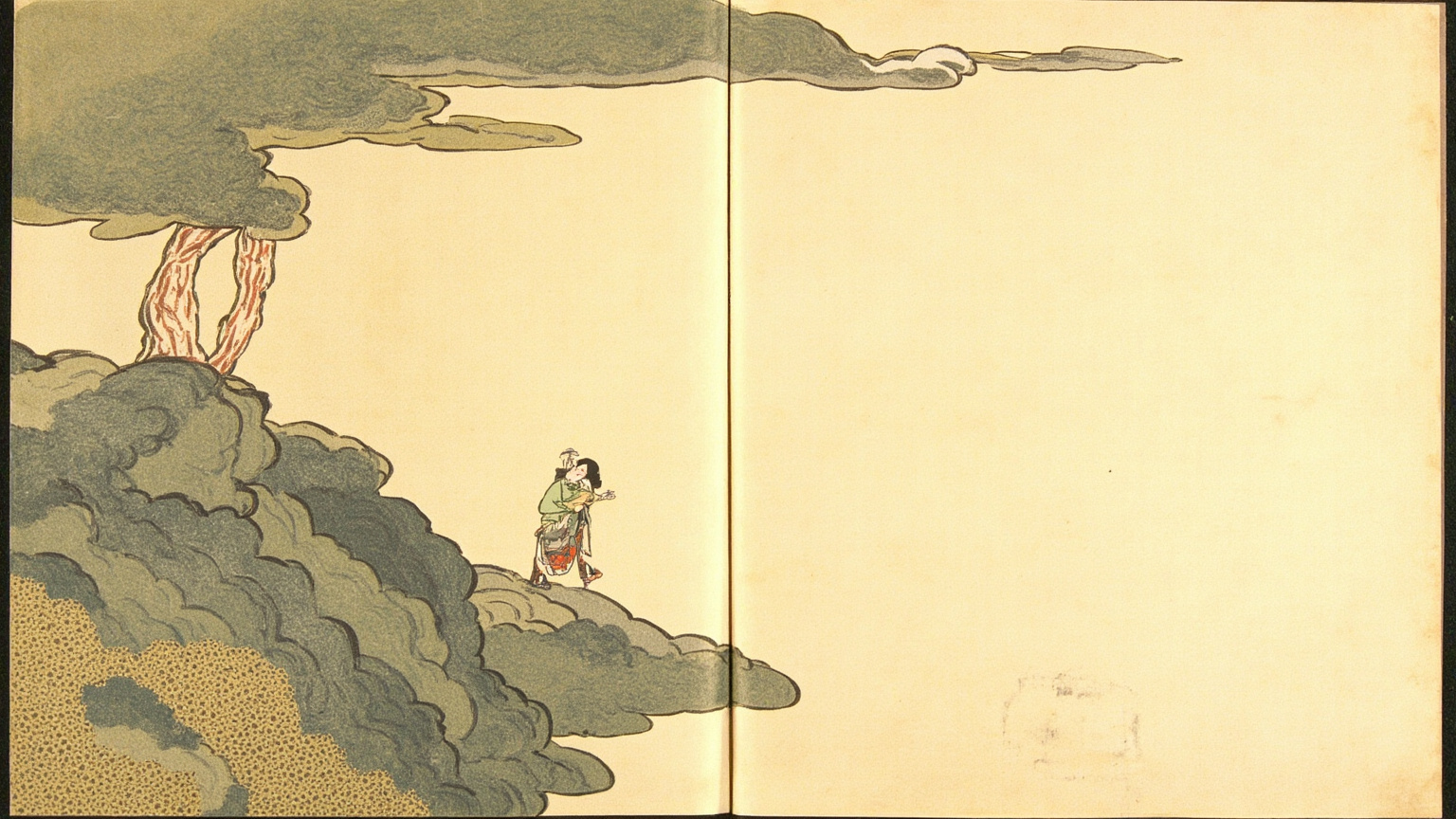 一卷展开的手抄本书页，纸色泛黄，左侧一行竖写的墨字，右侧留出大片空白，纸面右下角一处淡墨晕染像苔痕——画面应该让人想伸手去翻那一页。