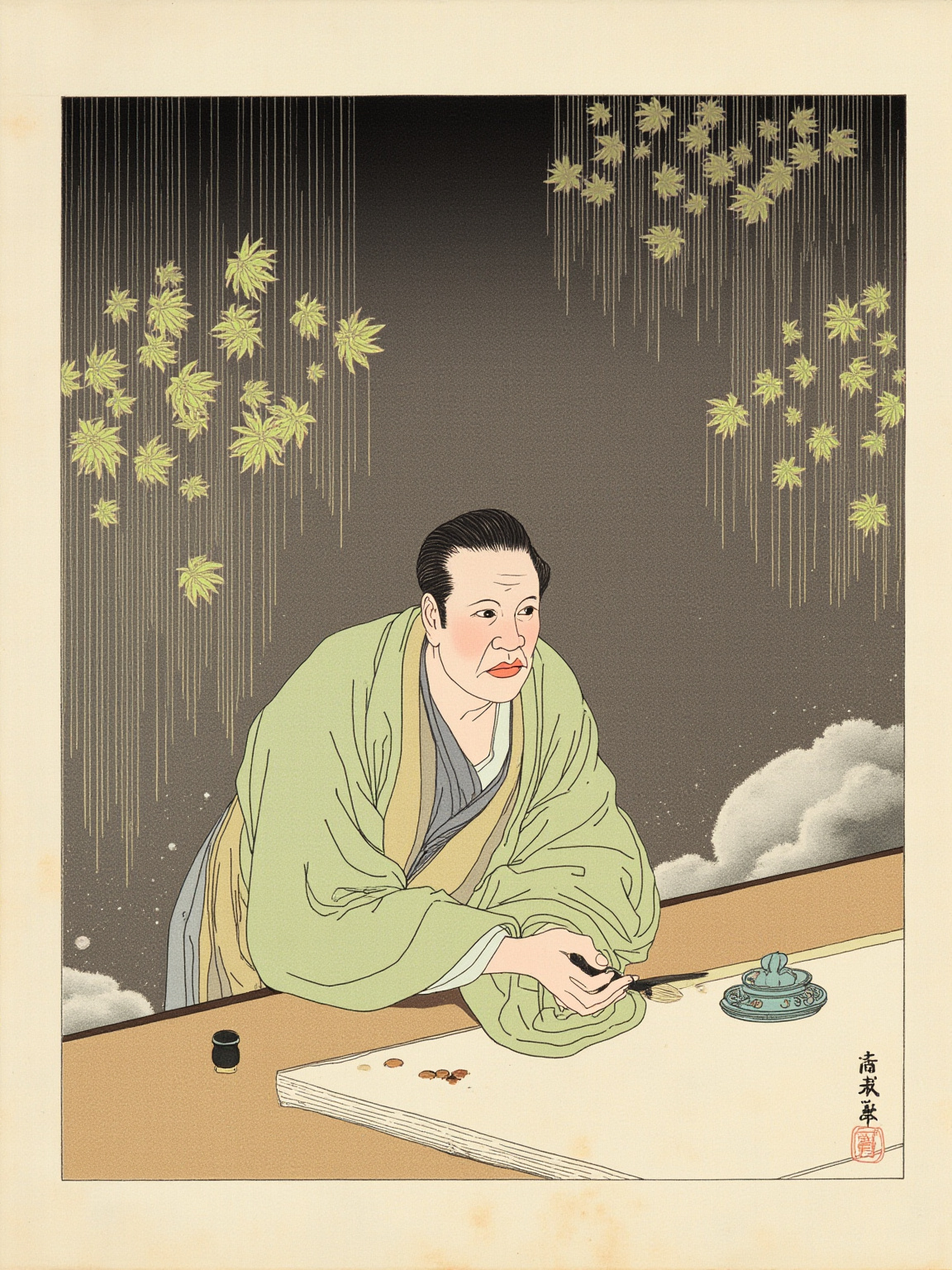 夜雨初歇的草庵室内，砚台旁搁一支秃笔，矮几上摊开薄薄的稿纸，窗外湿漉漉的青枫叶滴着水，光从纸窗透进来照在白纸和墨渍上——画家应有的安静与微凉。