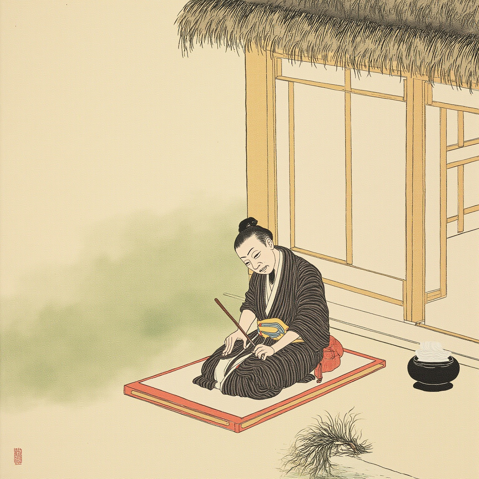 一位清瘦的日本中世文人僧，身着素色直衣与淡墨色水干袖，头戴乌帽子，坐在吉田山草庵的木缘上，膝前摊着一卷稿纸，身侧一枝青枫斜斜探入画面，光从他身后的纸窗漏进来——画面应整洁、文气、有书卷气。