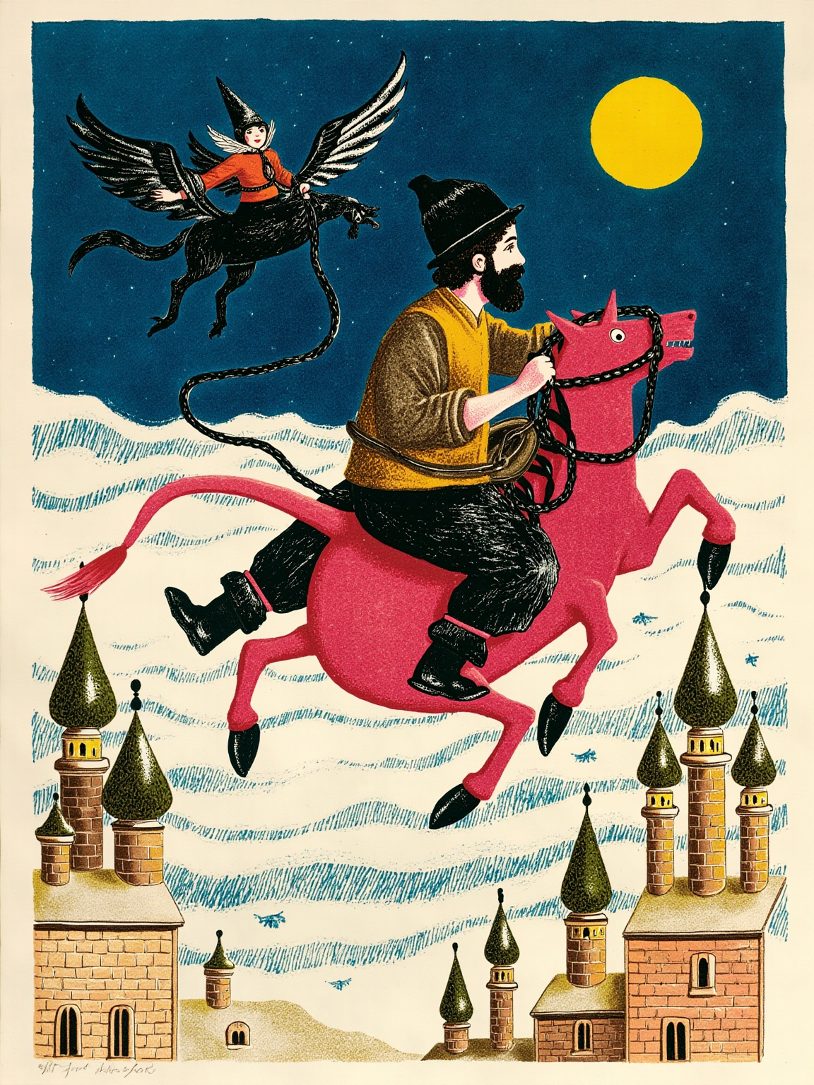 冬夜乌克兰雪原上空,铁匠瓦库拉跨坐在一只瘦小狼狈的魔鬼背上飞驰,魔鬼双翼张开却一脸不情愿,月亮在他们身后远处的口袋里忽明忽暗,雪地反着冷光,瓦库拉紧揪魔鬼的角,另一只手抓着缰绳般的铁链