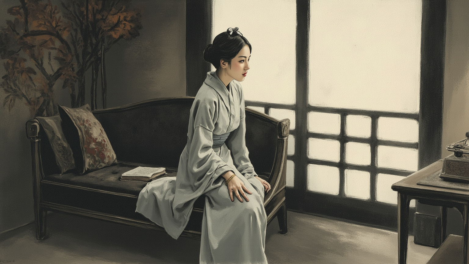 头发烫得起了卷，腕上添了一只镯子，可两只眼睛空空地让人发寒——她已被揉成了一件摆在客厅里的家具。