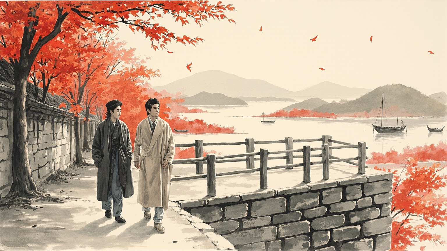 西山红叶半山的石径上，一个穿风衣的时髦女子和一个穿学生装的青年并排站着，远处的香山被晚霞染成一片红，树影在地上拉得很长