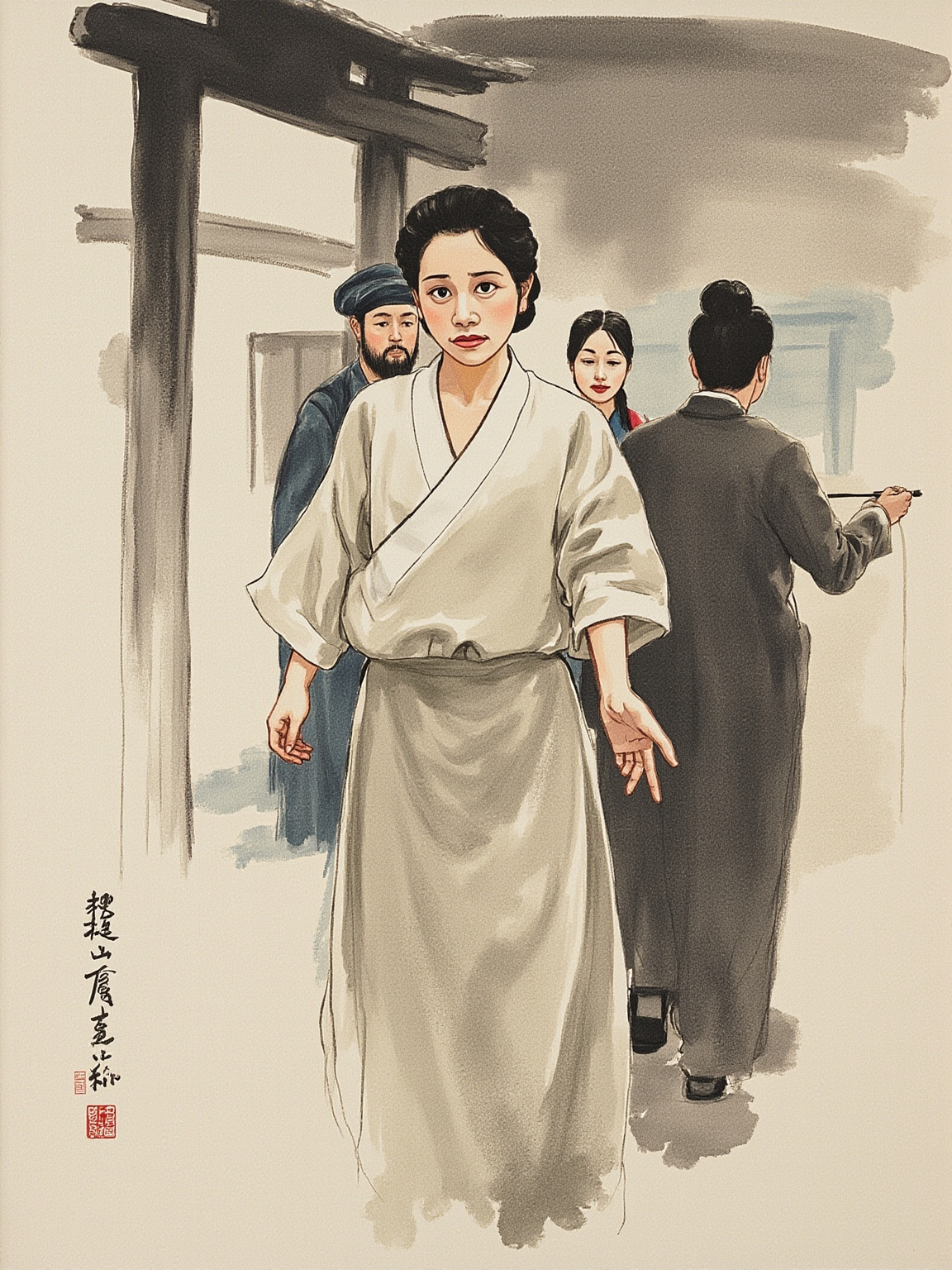 一页展开的旧式绣像插图风格构图：左起依次是素净短旗袍的鼓书姑娘、短打束裤的练武女子、烫发红唇着风衣的摩登女子，三人身形错落站在一面老北平胡同的影壁前