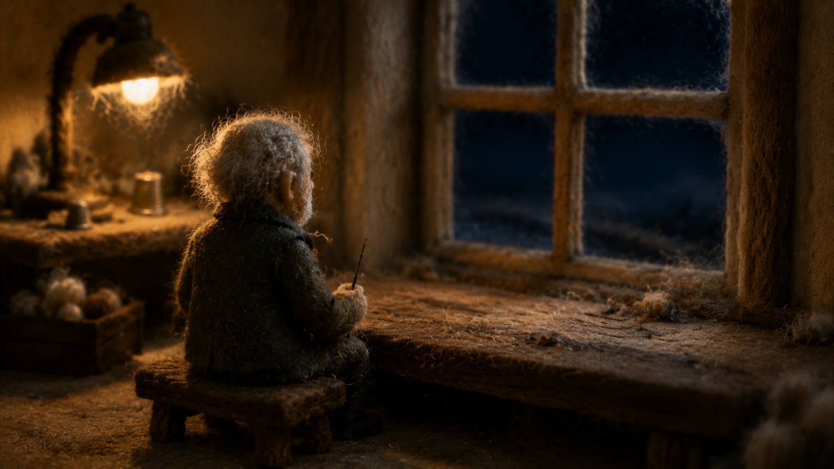 Lamp lowered, the tailor watches the dark