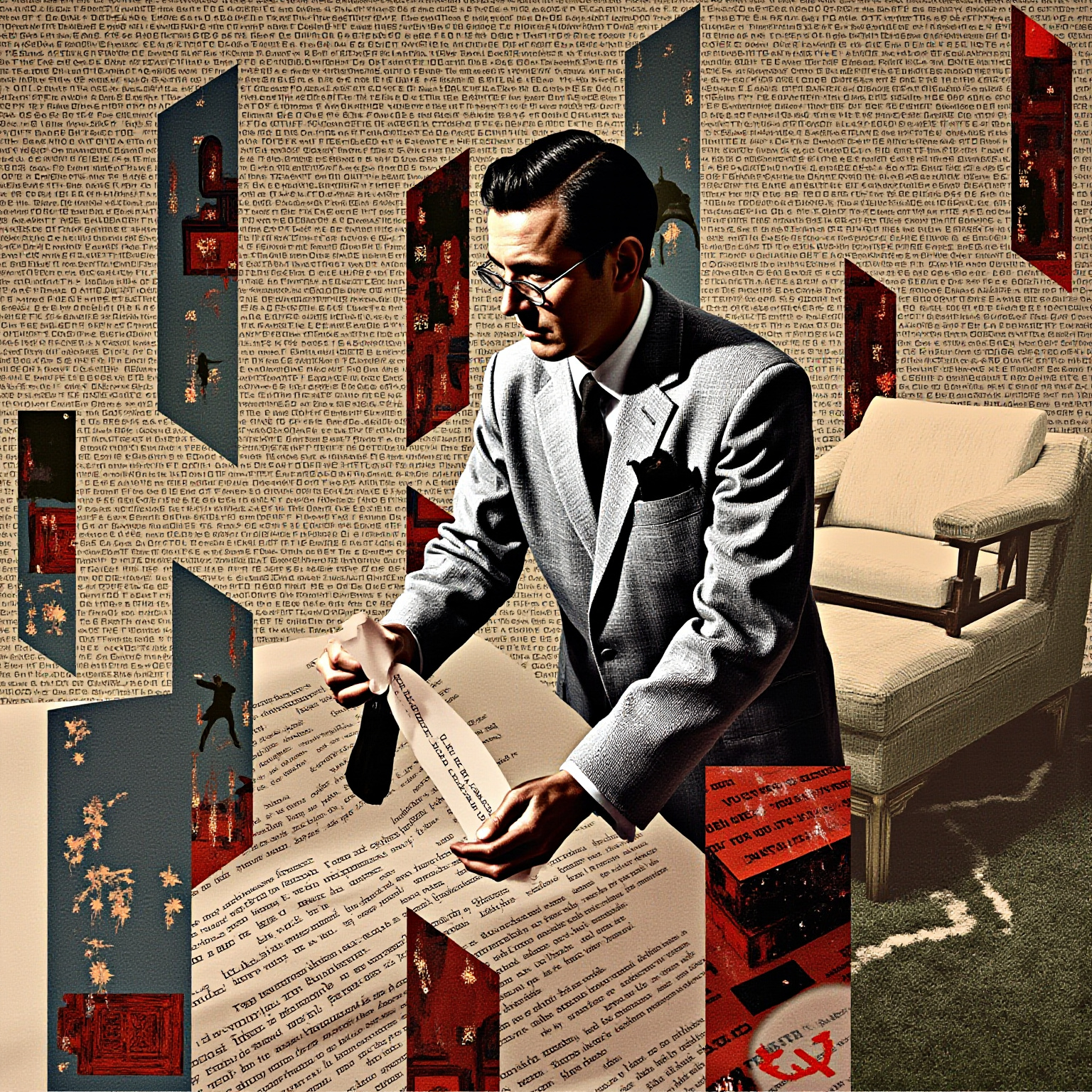 一栋英国乡间老屋的书房内，壁炉将熄未尽，一名疲惫的中年男子把一卷手稿按在桌上，纸面上用毛笔勾出的汉字像树枝般不断分叉又交结，窗外有雾，色调昏暗的黄铜与烟青