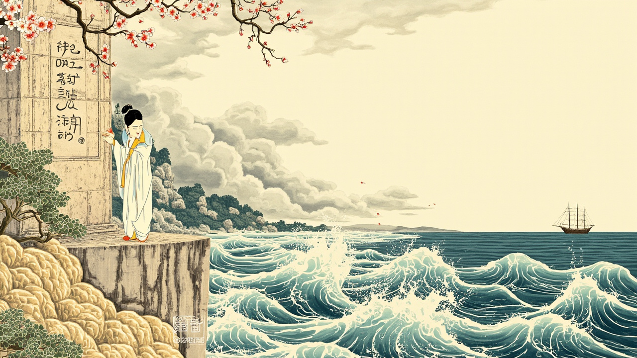 海岛悬崖上,一位素衣少女站在摩崖石刻前,伸手触摸石上留字——风大、云低,海浪在下方的礁石上碎成白沫——清代木刻版画风格,留白处只见远帆一点