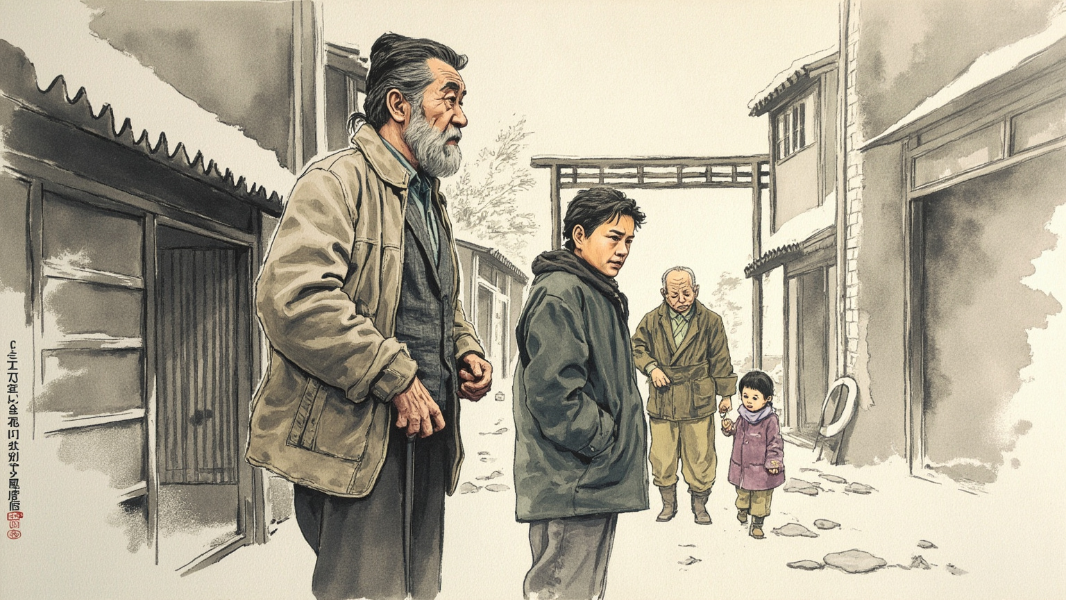 1937 年卢沟桥事变后北平沦陷，小羊圈胡同的祁家一夜之间从太平日子跌进『亡国奴』的处境；四世同堂的祁老太爷仍抱着『只要屯够三个月的粮食煤球，风头就能过去』的天真信念