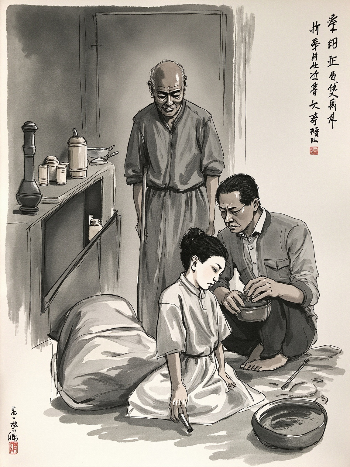 冬夜逼仄的小屋里，昏暗油灯下，一家人围在空碗旁，最小的女孩蜷在角落的棉被里，已经没有力气抬头——画面的关键是"安静"和"空"，而不是血。