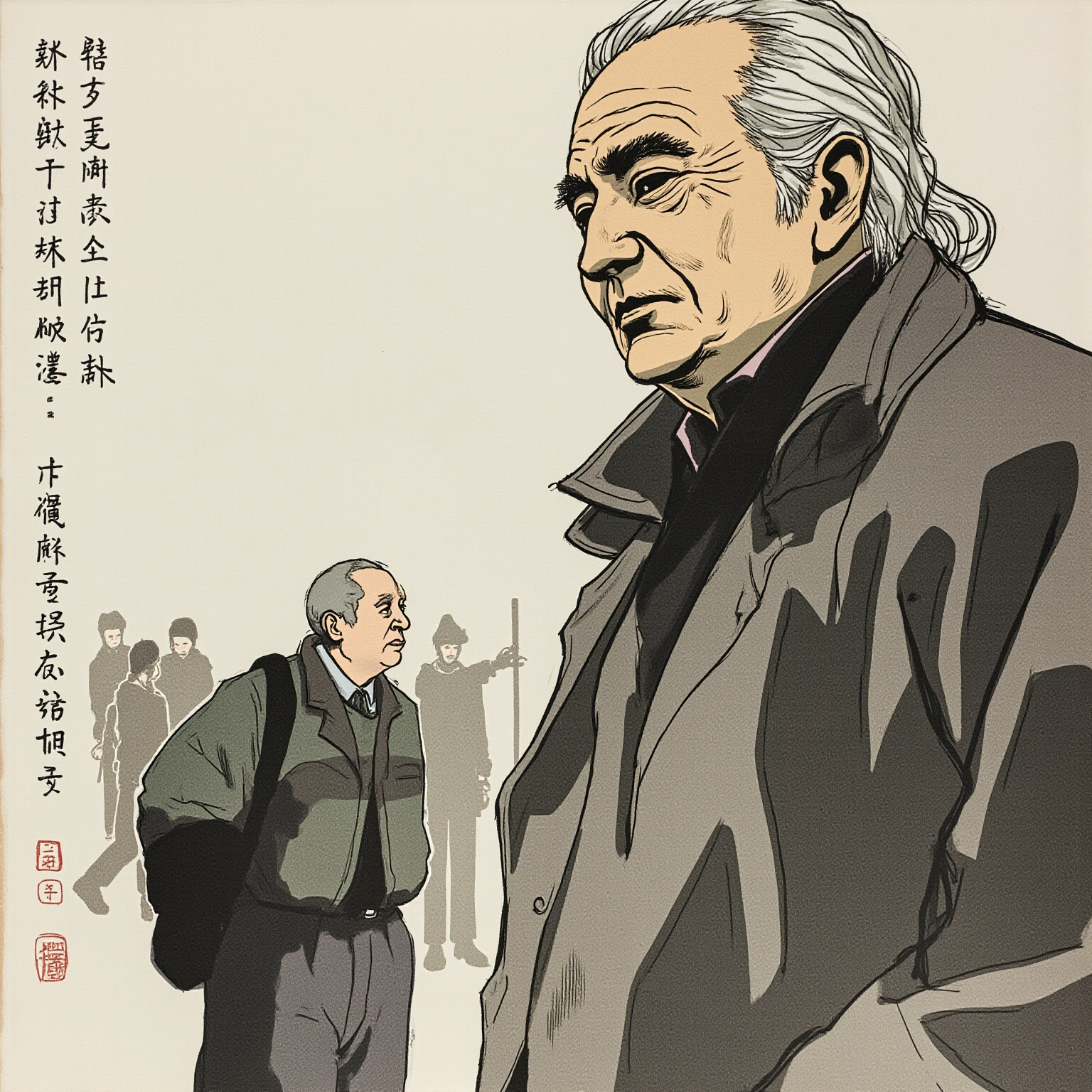 胡同口的夏末黄昏，居民们三三两两站着听广播里日本投降的消息，祁瑞宣站在人群边缘，没笑，只是不说话——画面里阳光是暖的，人却是空的。