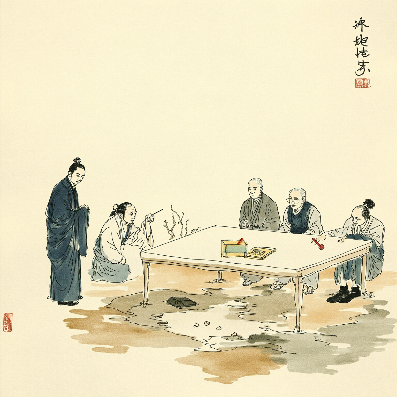 祠堂天井里，一张八仙桌旁坐着几位白发老人，桌上摊着发黄的族谱与账册，旁边站着一个低头认错的年轻后生，没人动怒，老人只用手指点着账本上的某一行——秩序在说话，不在拍桌子。