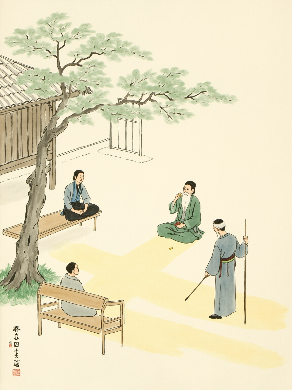 村口老槐树下，几条长凳围成半圈，一位拄拐的白发长者坐在正中，两边各站一户人家的当家人，年轻人远远站着围观，没人说话，长者用旱烟杆在地上的灰土里慢慢划出一条线——纠纷在这条线里画完句号。