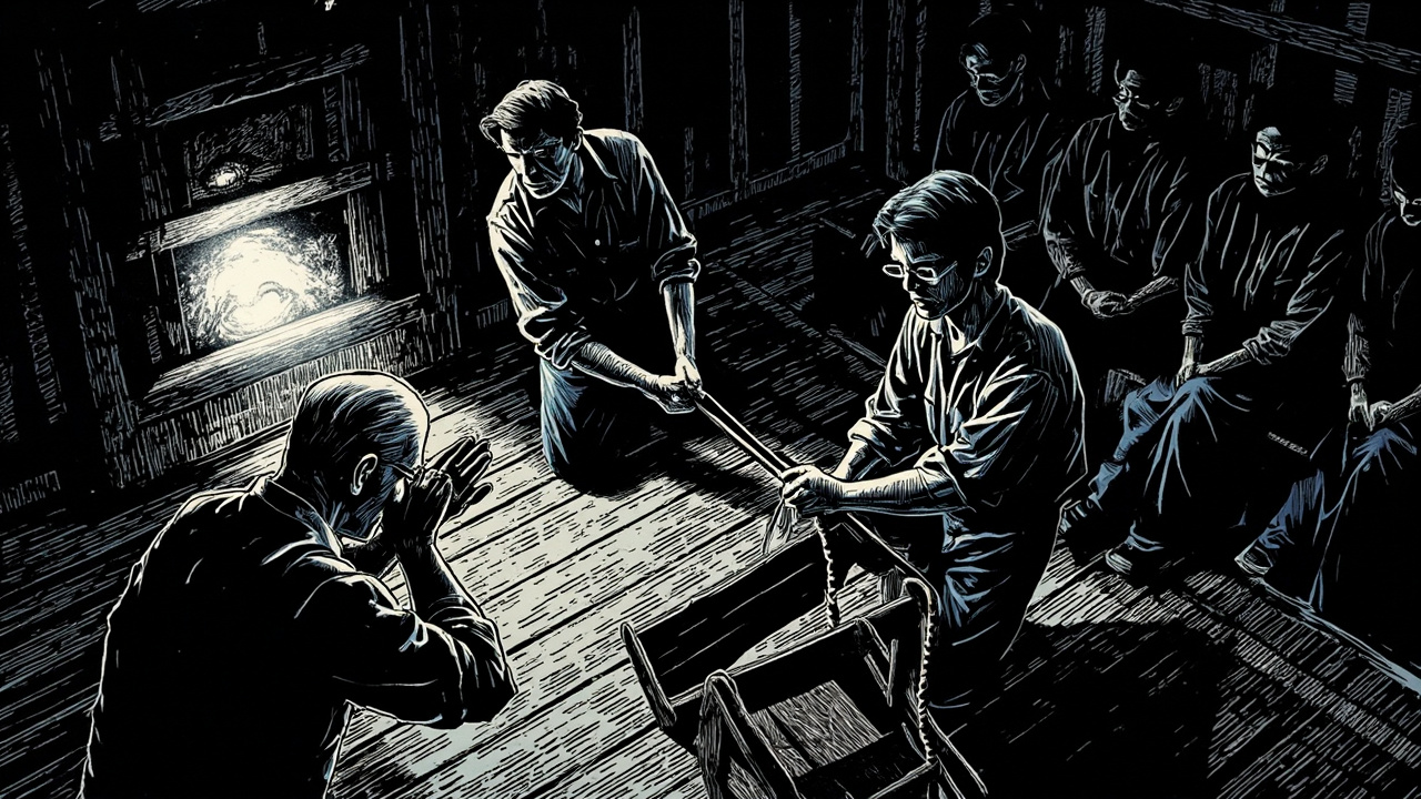 那两个粗壮的警卫得俯身抓佐他的胳膊才制服他。可是就在这个当儿，他朝牢房的地上一扑，抓住墙边板凳的铁腿不放。他象畜生似的大声嚎叫。警卫抓住他身子，要把他的手指扳开，可是他紧抓住不放，气力大得惊人。他们拉了他二十秒钟左右。其他犯人安静地坐在一旁…