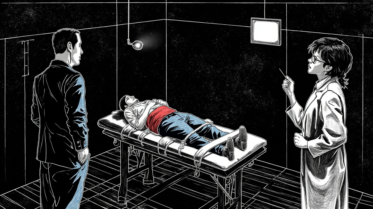 他躺在一张好象是行军床那样的床上，不过离地面很高，而且身上好象给绑住了，使他动弹不得。比平时更强的灯光照在他的脸上。奥勃良站在旁边，注意地低头看着他。另外一边站着一个穿白大褂的人，手中拿着打针的注射器。