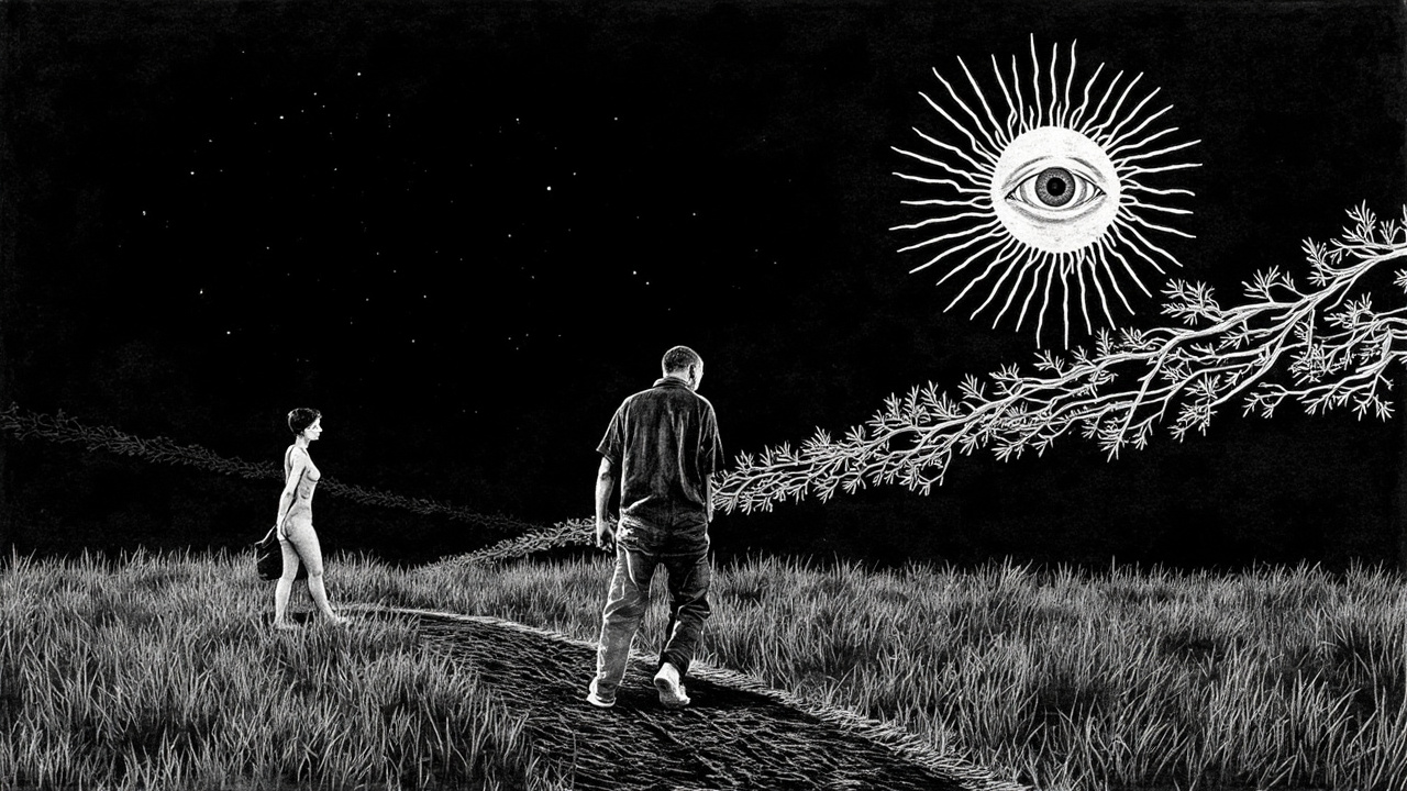 突然他站在一条短短的松软的草地上，那是个夏天的黄昏，西斜的阳光把地上染成一片金黄色。他这时看到的景色时常在他的梦境中出现，因此一直没有充分把握，在实际世界中有没有见过。他醒来的时候想到这个地方时就叫它黄金乡。这是一片古老的、被兔子啃掉的草地…