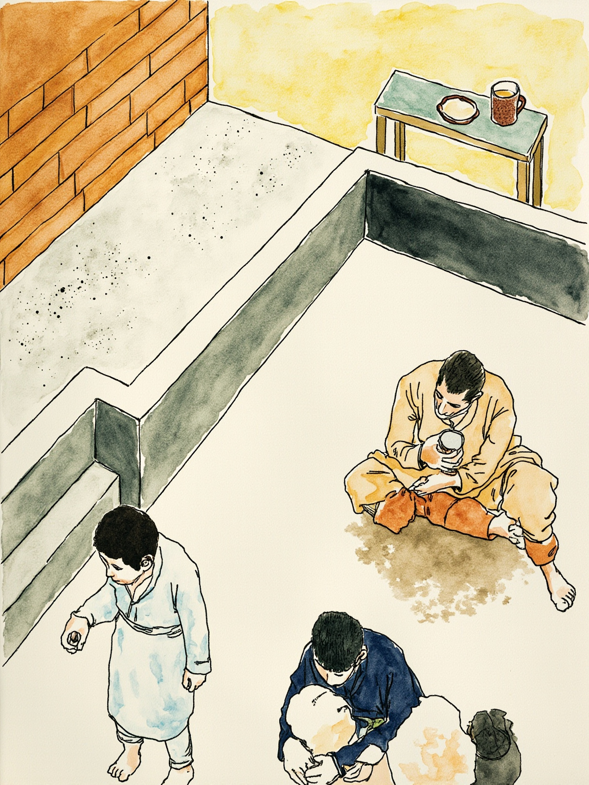 村中空地,黄昏,远景一群人围成一个松散的圈;圈中央一个年轻男人低头站着,身前几个老人正诵经——不画受辱者特写,只画观众脸上的安然