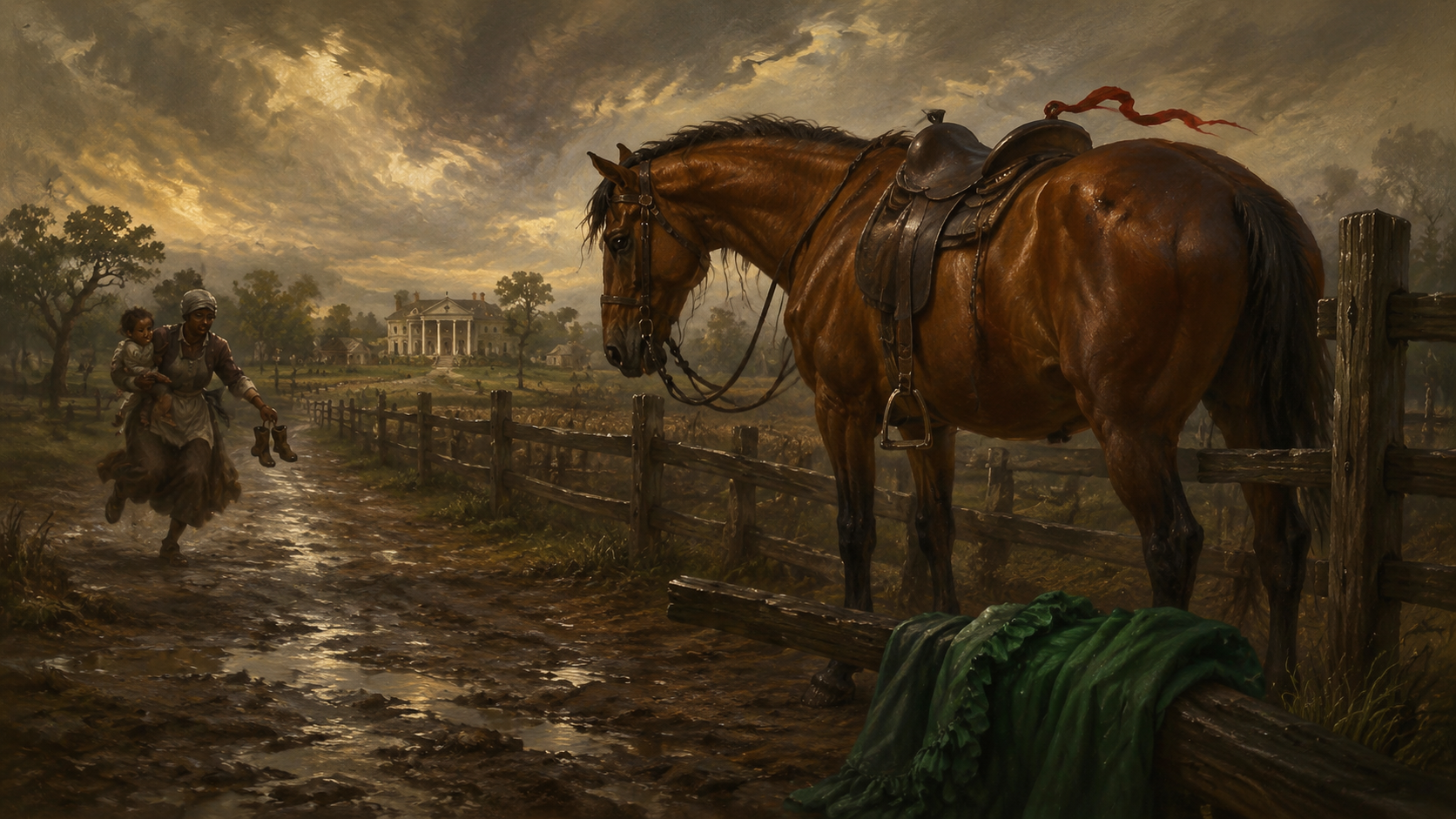 雨后泥泞的牧场围栏边，一匹高大的棕色马静静站着空鞍，马背上有女孩摔落的红色发带随风轻飘，远处的仆人抱着一双小孩的小靴子跑过，画面压抑悲凉