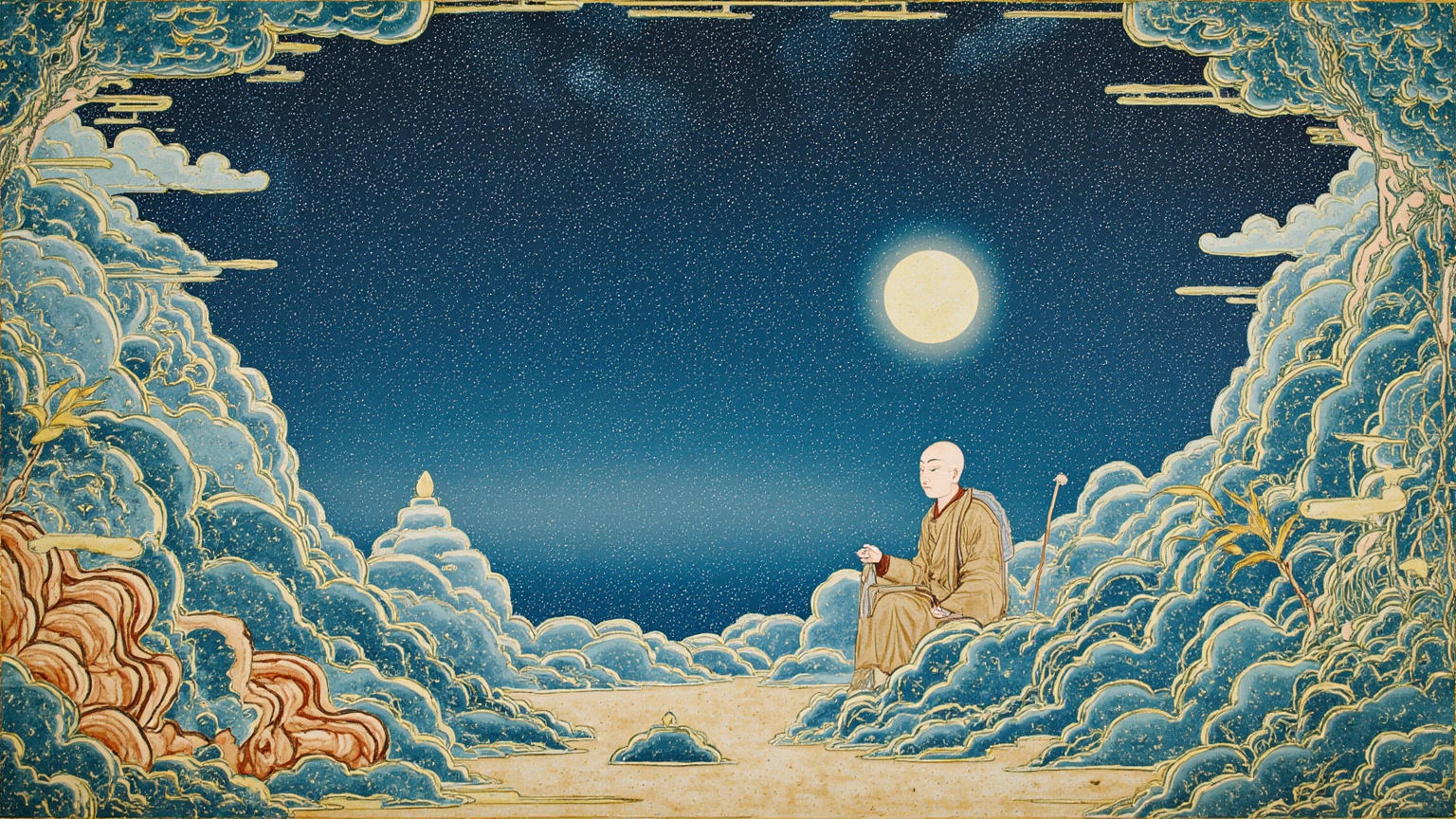 胡杨掩映的高昌王宫庭院，月色下两人都穿着素服对坐叩首——这是玄奘与麹文泰焚香结义那一刻，不是拘禁，而是义结