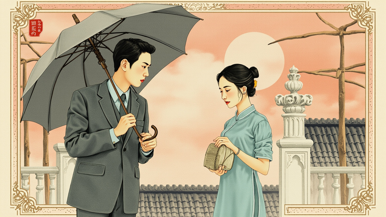 1930 年代上海弄堂口的黄昏雨天，沈世钧侧身把伞偏向顾曼桢，曼桢低头整理手袋中的物件，画面温柔清冷，背景是黑瓦白墙与晾衣竿