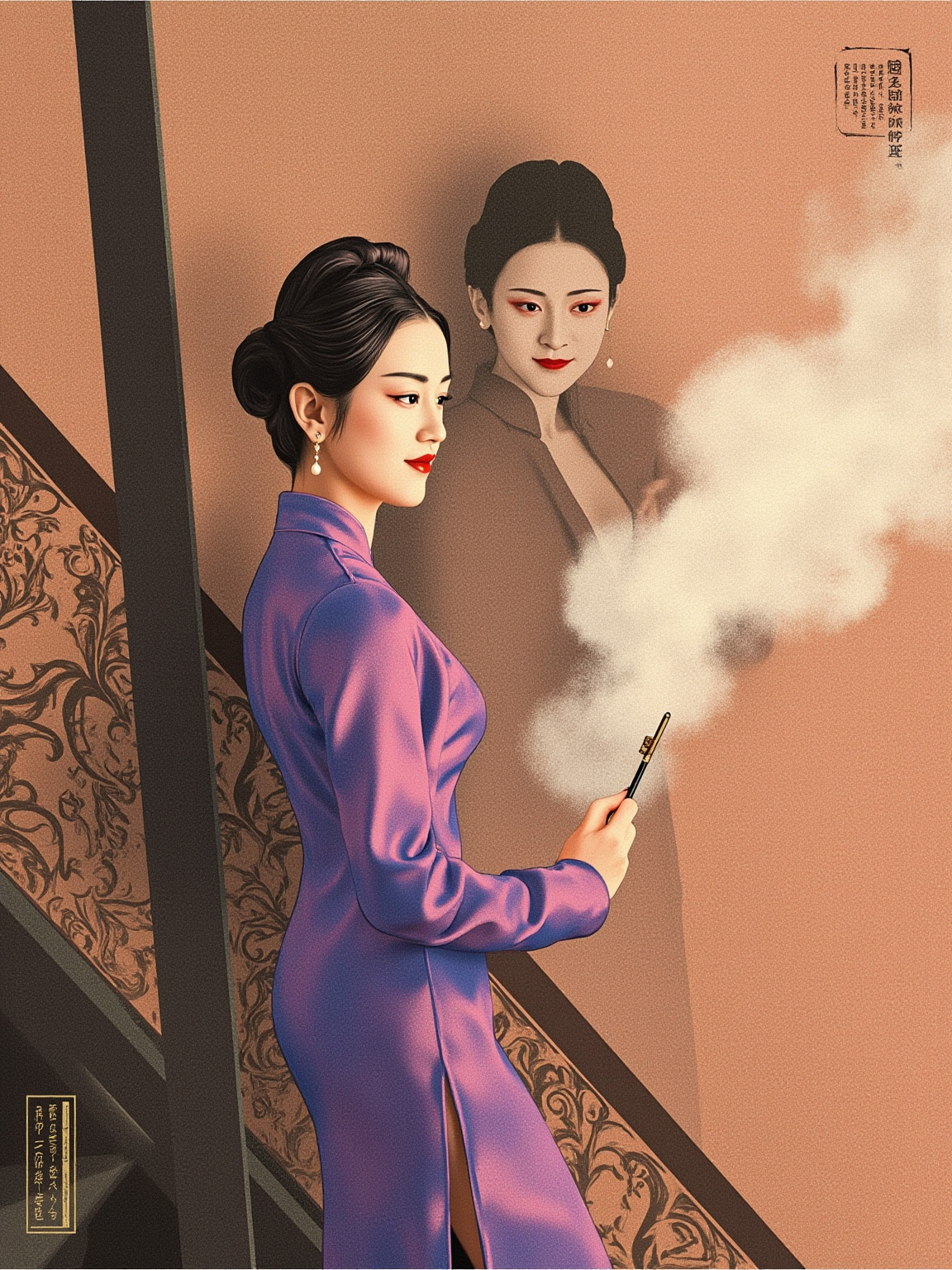 深夜上海洋房后楼梯口，曼璐侧身背对镜头站在楼梯拐角，手里捏着一把钥匙，神情里有慌张也有决绝，窗外透进的冷光把她的脸照得半明半暗