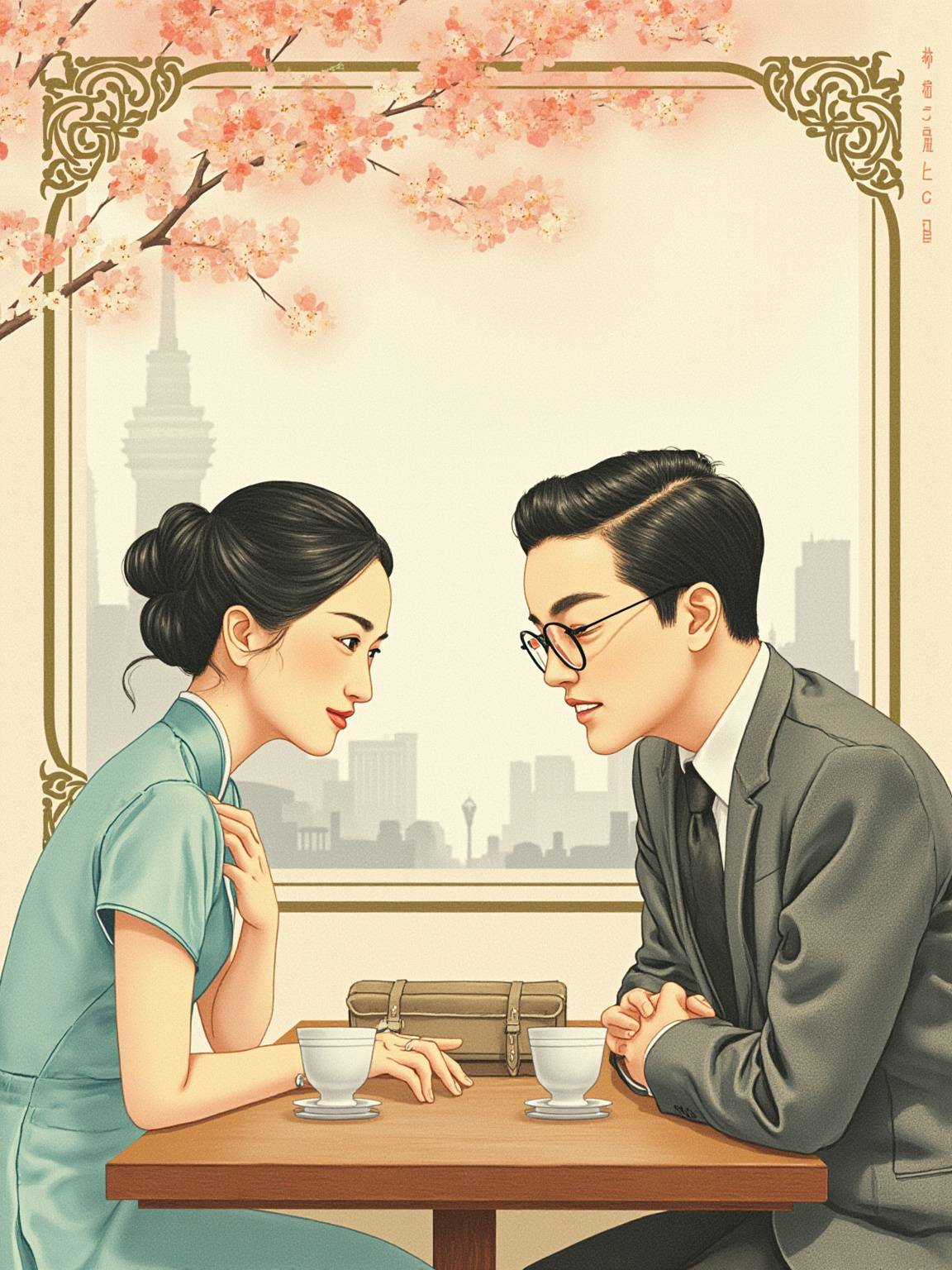 1940 年代末上海一间小餐馆的方桌旁，沈世钧与顾曼桢隔桌对坐，桌上两杯茶已经凉了一半，曼桢微微低头，世钧双手交叠放在桌沿，窗外是灰蒙蒙的上海街景，气氛克制到近乎窒息