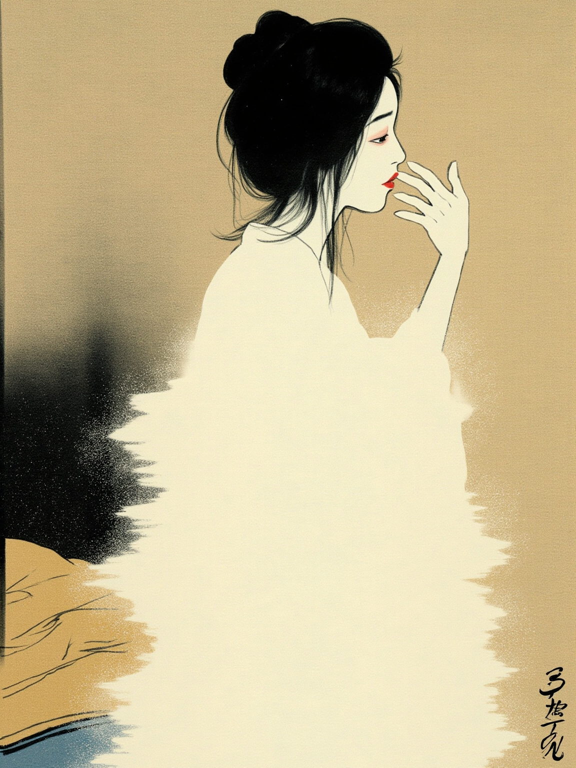 炉边深夜、纸门半开，一个美丽妻子侧脸正缓缓化出雪白冰冷的真实面容——身后是榻上熟睡的孩子、昏黄被褥，氛围纠结而带着母性的苦涩。