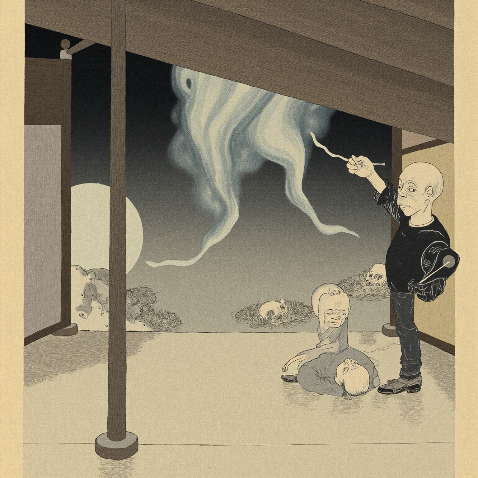 深山破庵深夜油灯昏黄，一颗中年僧人的头飘在梁下、颈口一抹淡淡冷光，被吓得苍白的武士正咬牙悄悄去抓那颗头——余下四具身体僵直睡在榻上。