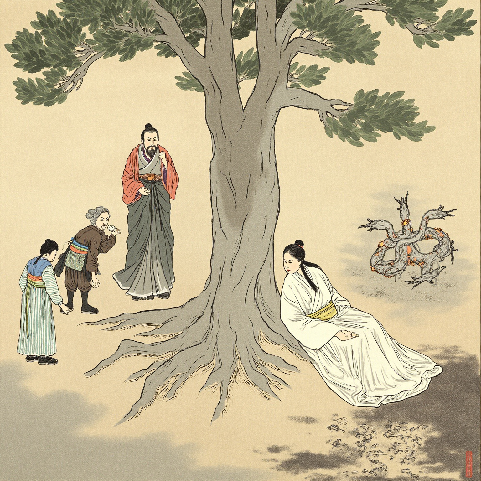 庭间大朴树绿荫下，一个三十余岁的乡间绅士被惊讶的仆从们簇拥着刚睁眼，目光恍如隔世；地面被掘开露出一角精巧蚁国微缩宫殿。