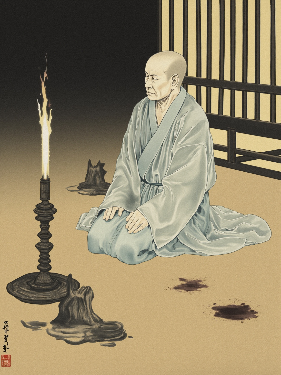 夜里寺庙廊下，一个盲眼老僧木然端坐双膝间抱着琵琶，身后地面上一左一右两块血迹贴着两片小小的耳朵——古寺灯笼暖光、廊外漆黑无声，绝悚而庄穆。