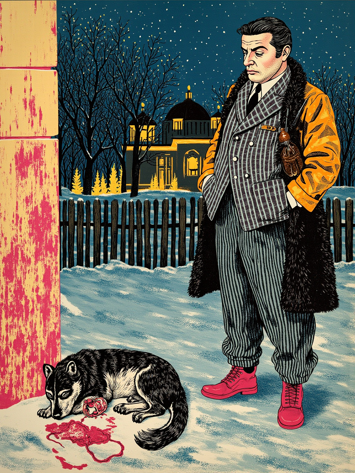 1924年莫斯科雪夜，一条瘦骨嶙峋的杂毛流浪狗蜷在昏暗街角，腹侧有一道烫伤疤痕；前景一只手从皮大衣口袋里探出，捏着一根香肠，背景是积雪的木栅栏和远处昏黄的街灯。