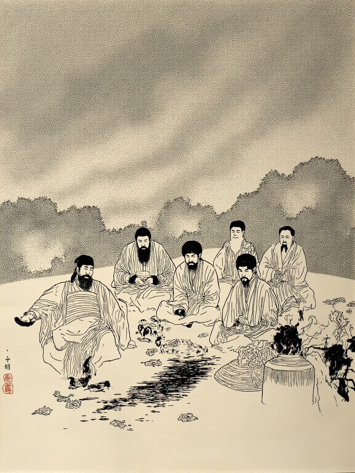 八公山下竹木掩映的庭院，黄昏光线斜照，苏非、李尚等八位门客席地而坐，膝前竹简散落，一人正执笔凝神，身旁立着一座测量日影的土圭，远景是层叠的淮水山影