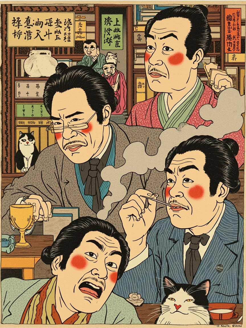 明治和室客厅,榻榻米上四个穿和服的男人围着小矮几抽烟喝茶大笑,居中那个(迷亭)正张嘴比划、胡说八道,眉飞色舞;其余人有的捧腹、有的皱眉、有的茫然。墙角一只猫坐在阴影里,前爪交叠,斜眼旁观,像个人类学家在田野里做笔记。