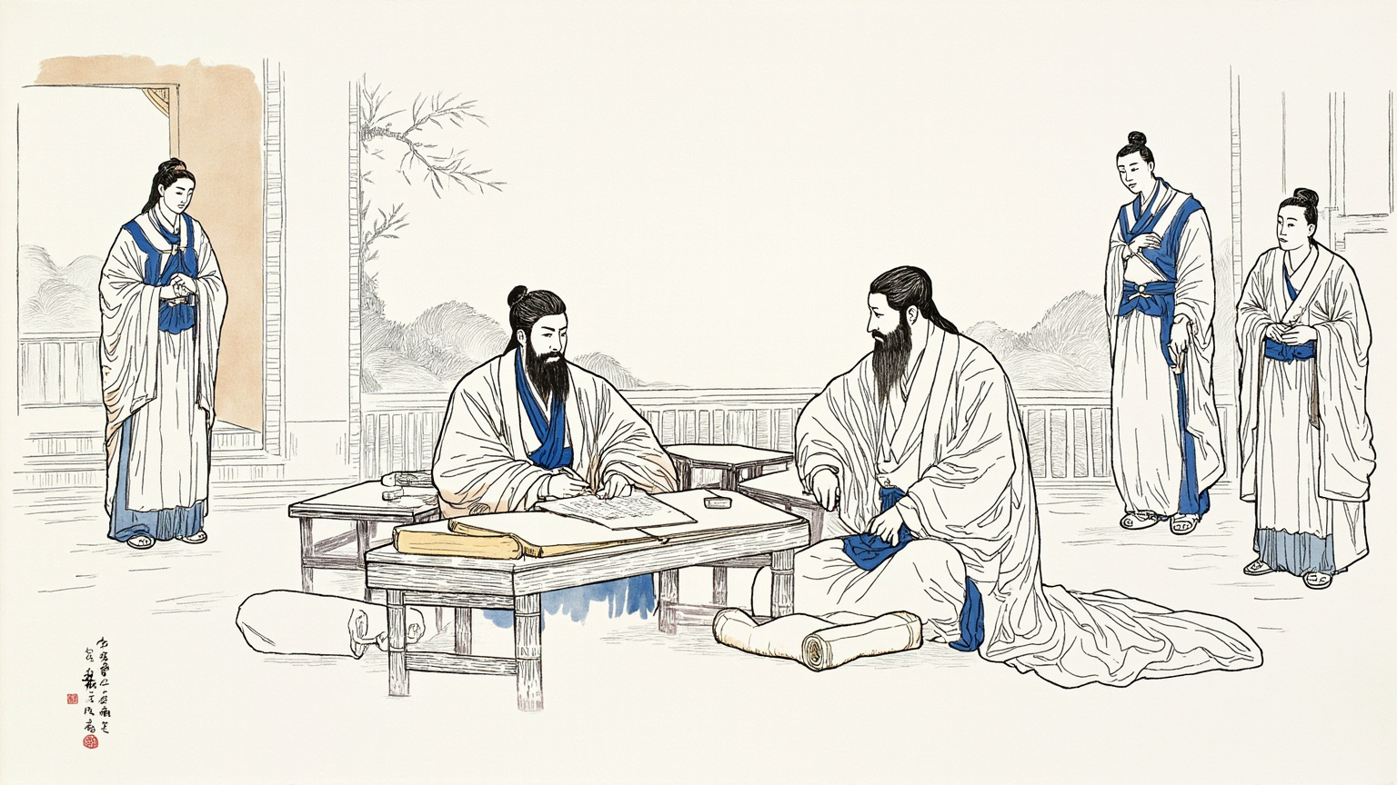 赣州书院秋日午后，阳明居中提笔写信，身旁两位门生侧立，案上是几卷待复的信札和一册线装《易经》，窗外是赣南山区的青翠远山。
