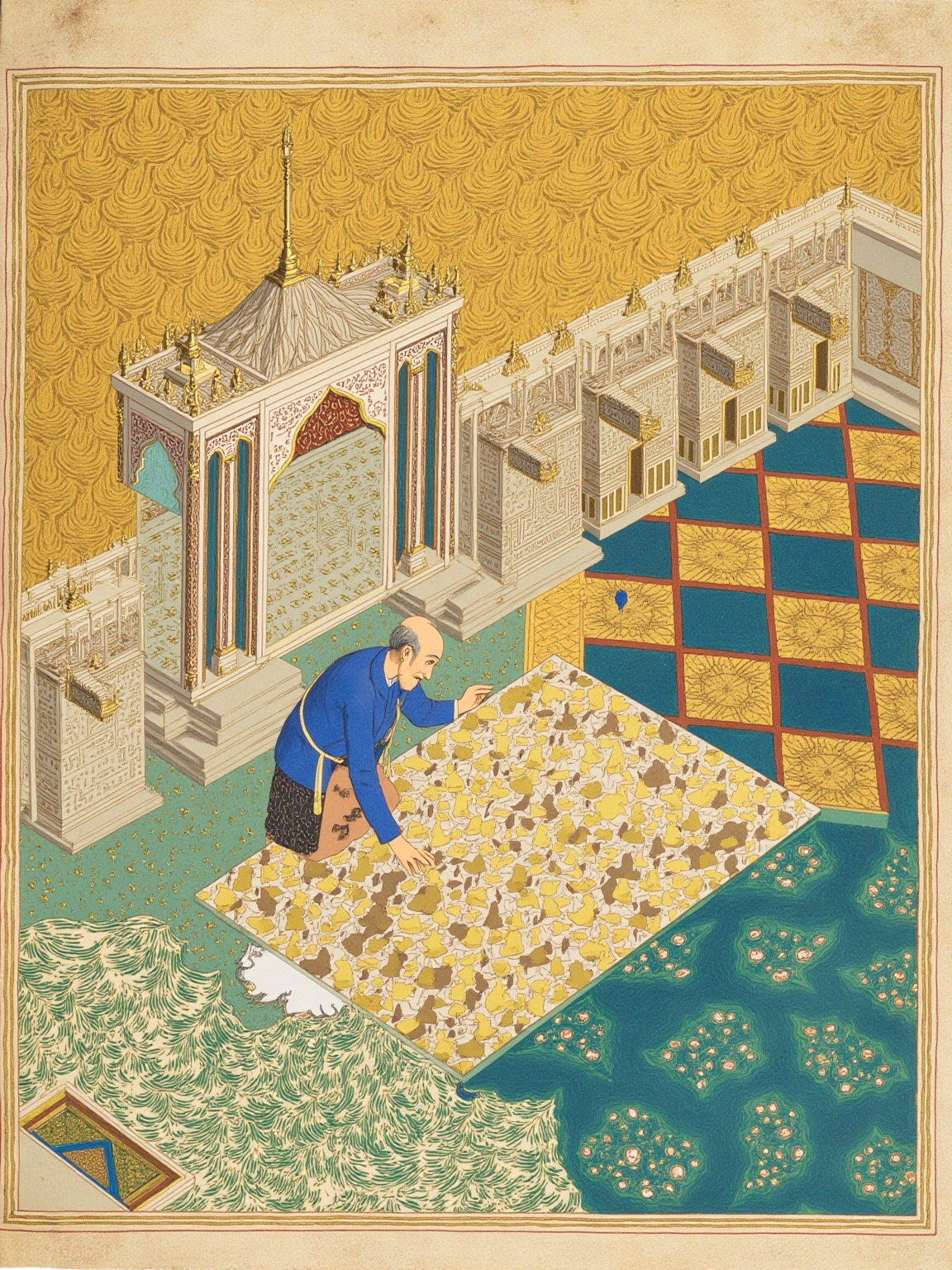 一张铺满羊皮卷地图的象牙棋盘上，棋子被摆成密密麻麻的城市阵列，其中一枚棋子正裂开，露出底下水波般的反光，桌边的老人俯身凝视