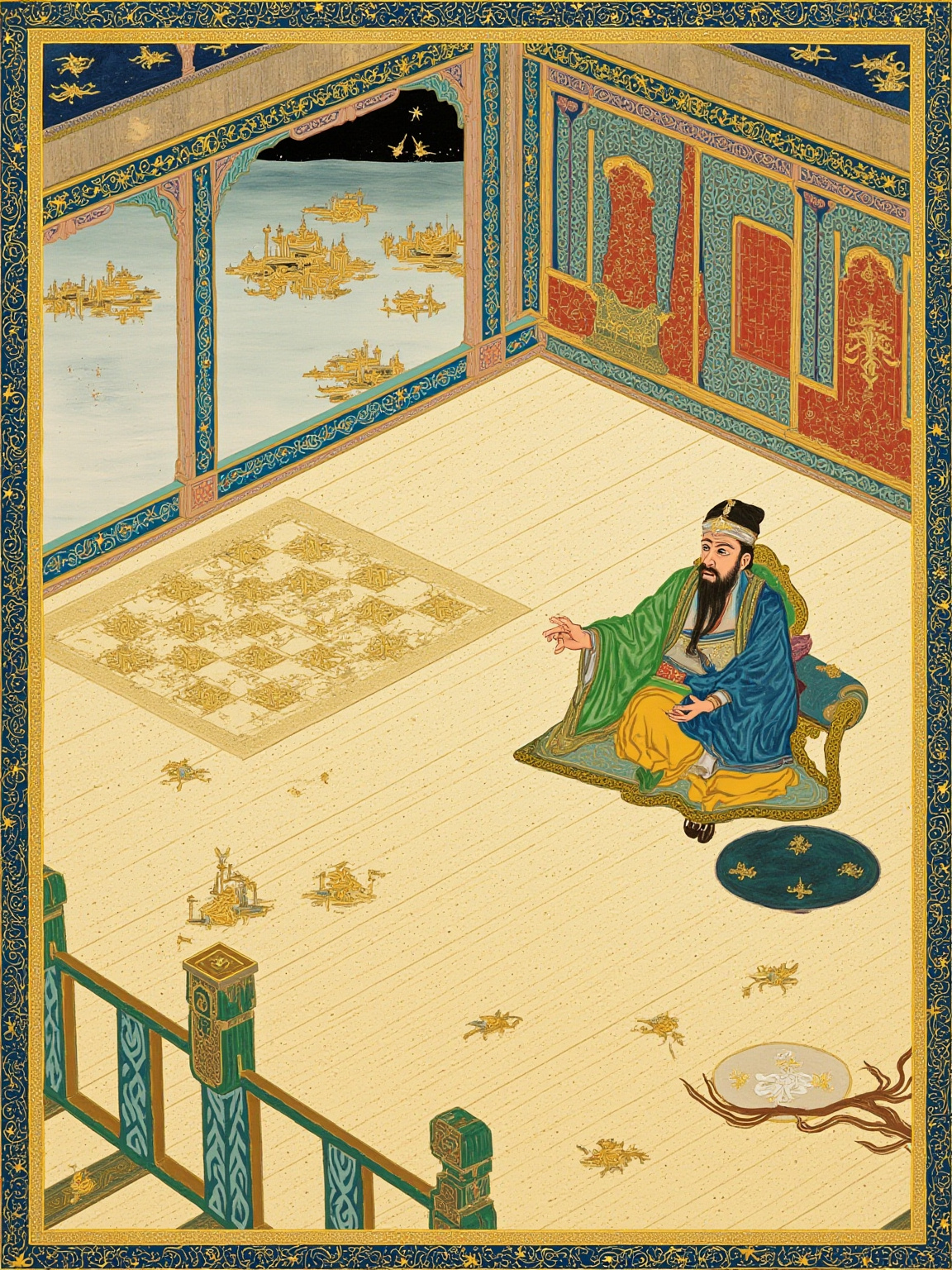 黄昏的蒙古凉亭内，年迈的大汗斜倚在一张象牙棋盘旁，身后是低垂的帔幕与远处的草原天际线，光线发黄，像老羊皮纸