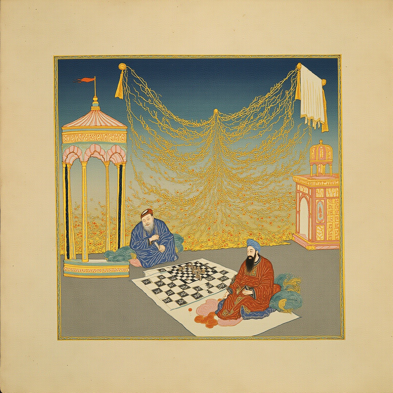 两位主角最后一次对坐于黄昏凉亭，棋盘上只剩寥寥数子，地面铺展开一卷长长的羊皮地图，边缘正在缓慢被烛火舔成灰烬