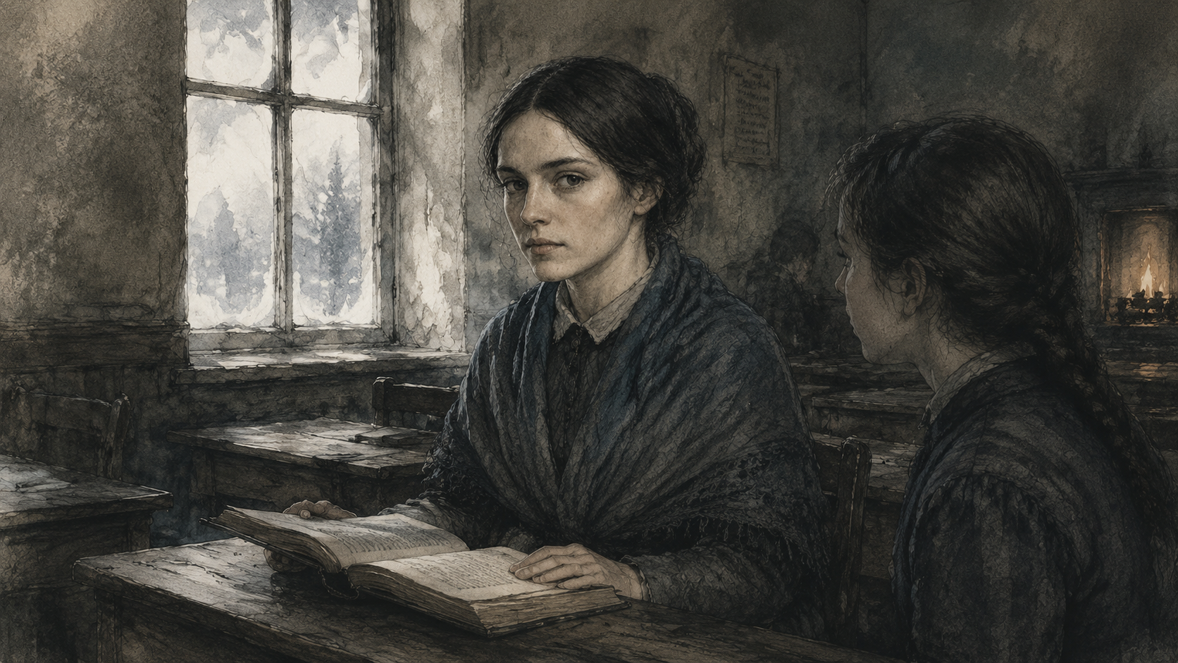 中景插画：一个面容沉静的少女披着灰蓝小披肩端坐于木桌前读书，灰冷的教室里窗沿结着薄霜，远处有一点琥珀色炉火微光。