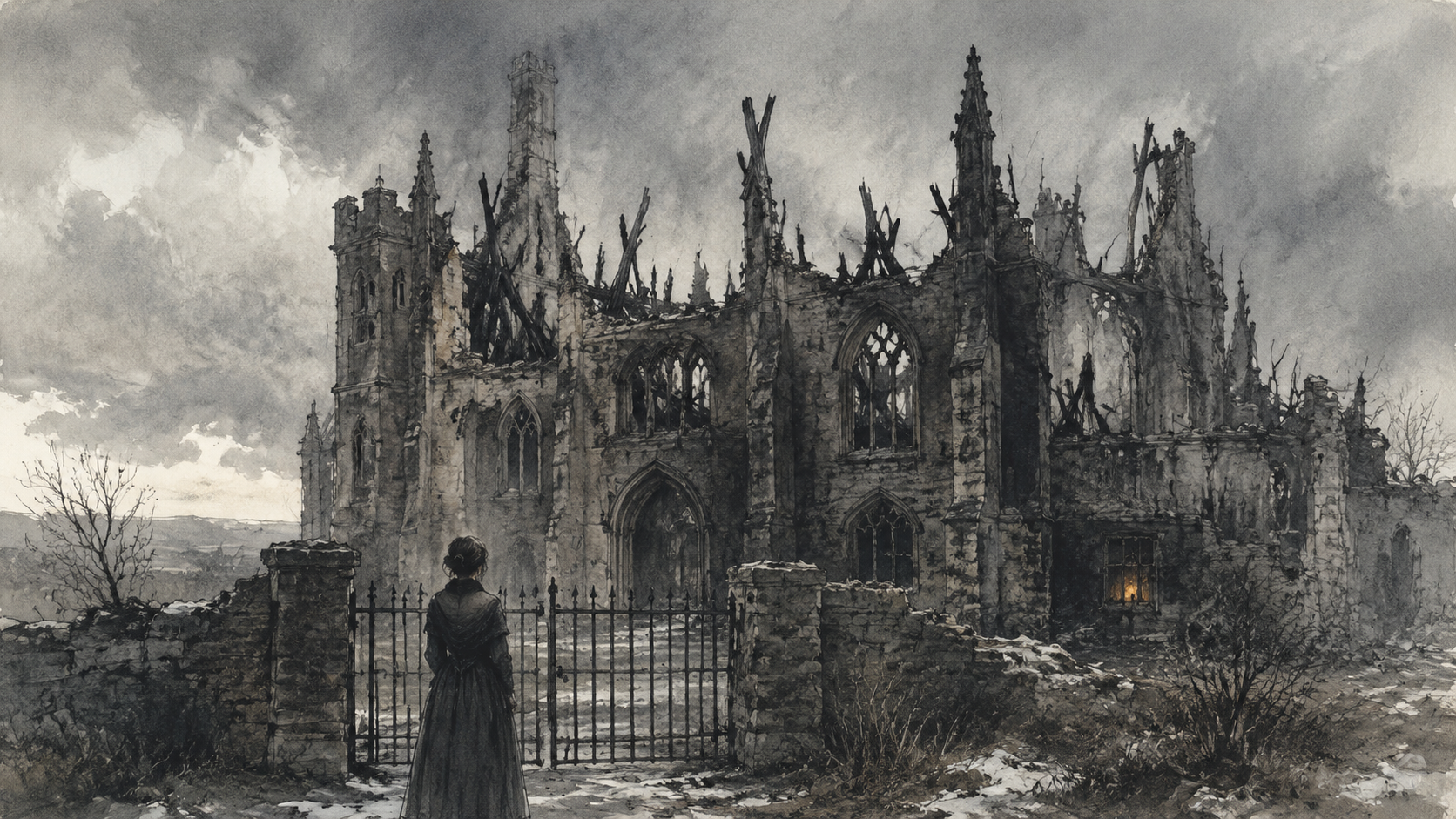 Wide daylight exterior of the burned-out Thornfield Hall with black roof timbers jutting against a slate-grey sky; a small woman in a dark plain dress stands at a low gate in the foreground looking up at the ruined mansion.