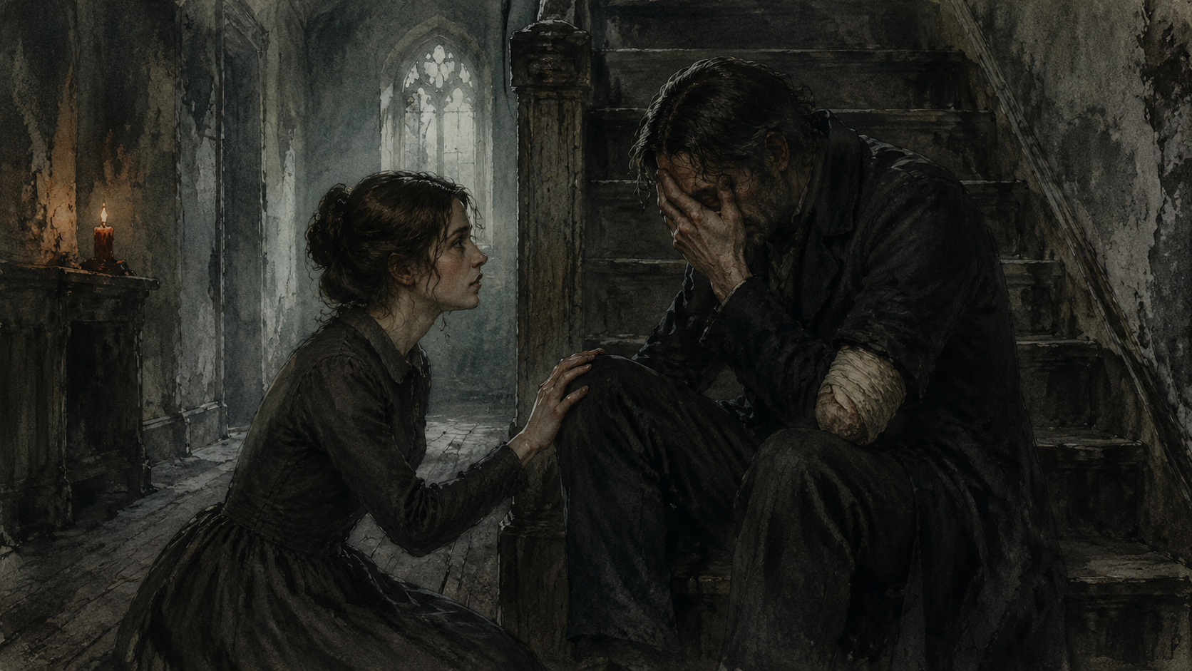 Intimate interior: a blind man sits on stairs with his head in his bandaged hand, a woman kneels before him reaching up