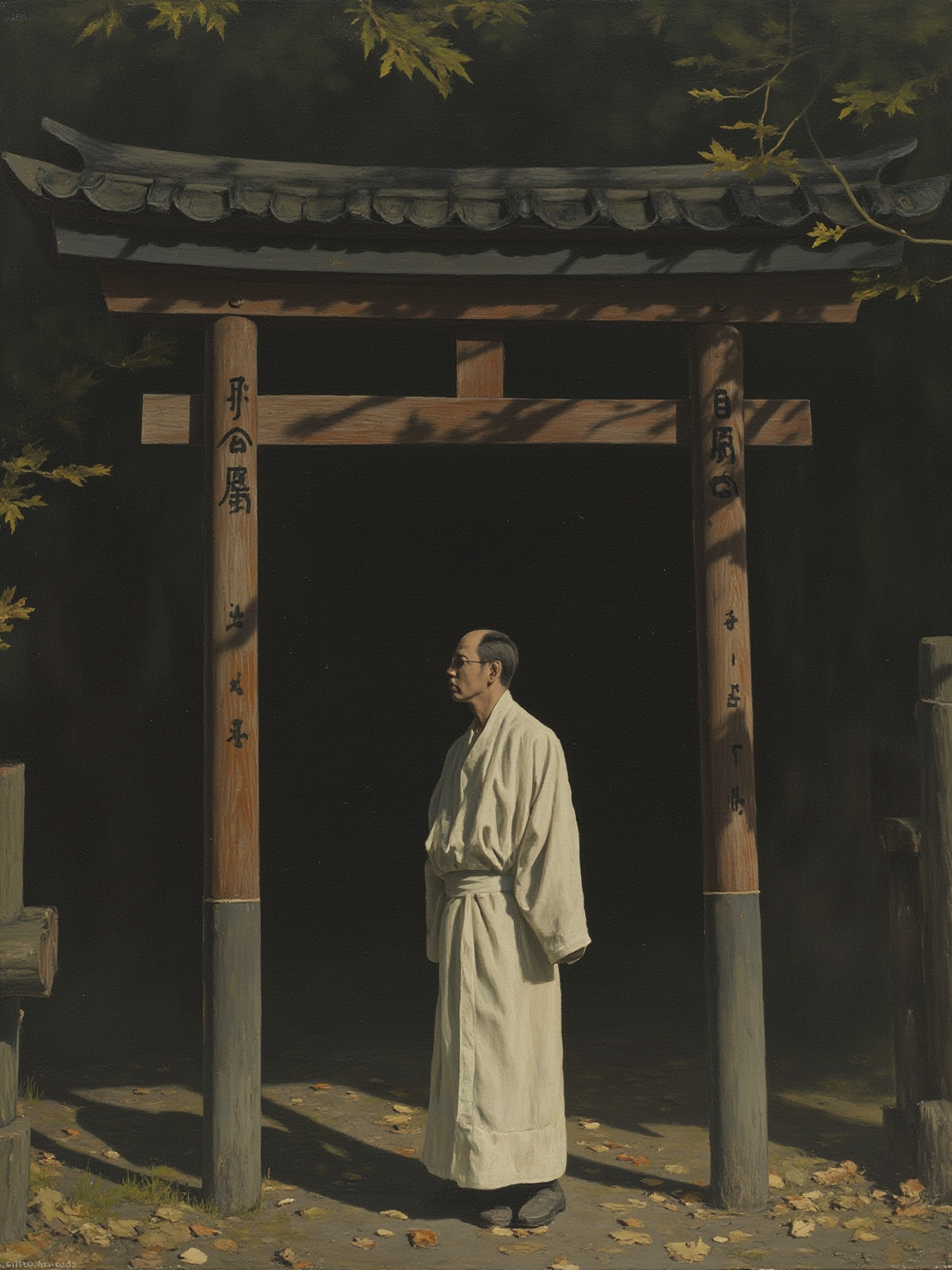 一座掩映在百年杉木林中的小型神社前，神主身着白色祭服站在注连绳前，手持榊枝，身后是斑驳的木质鸟居，地面铺满落叶，气氛古远而沉静。