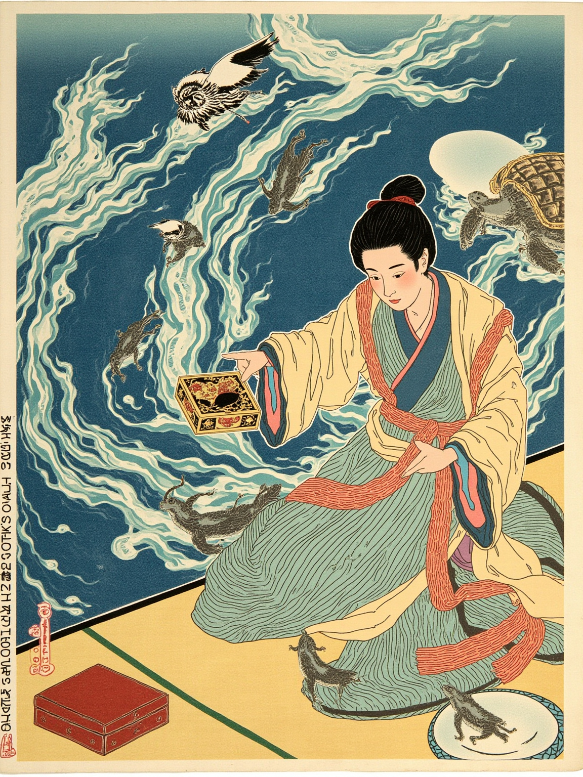 “那就是龙宫的大门，你看见门后的大屋顶就是海王的宫殿。”海龟不动声色地说。