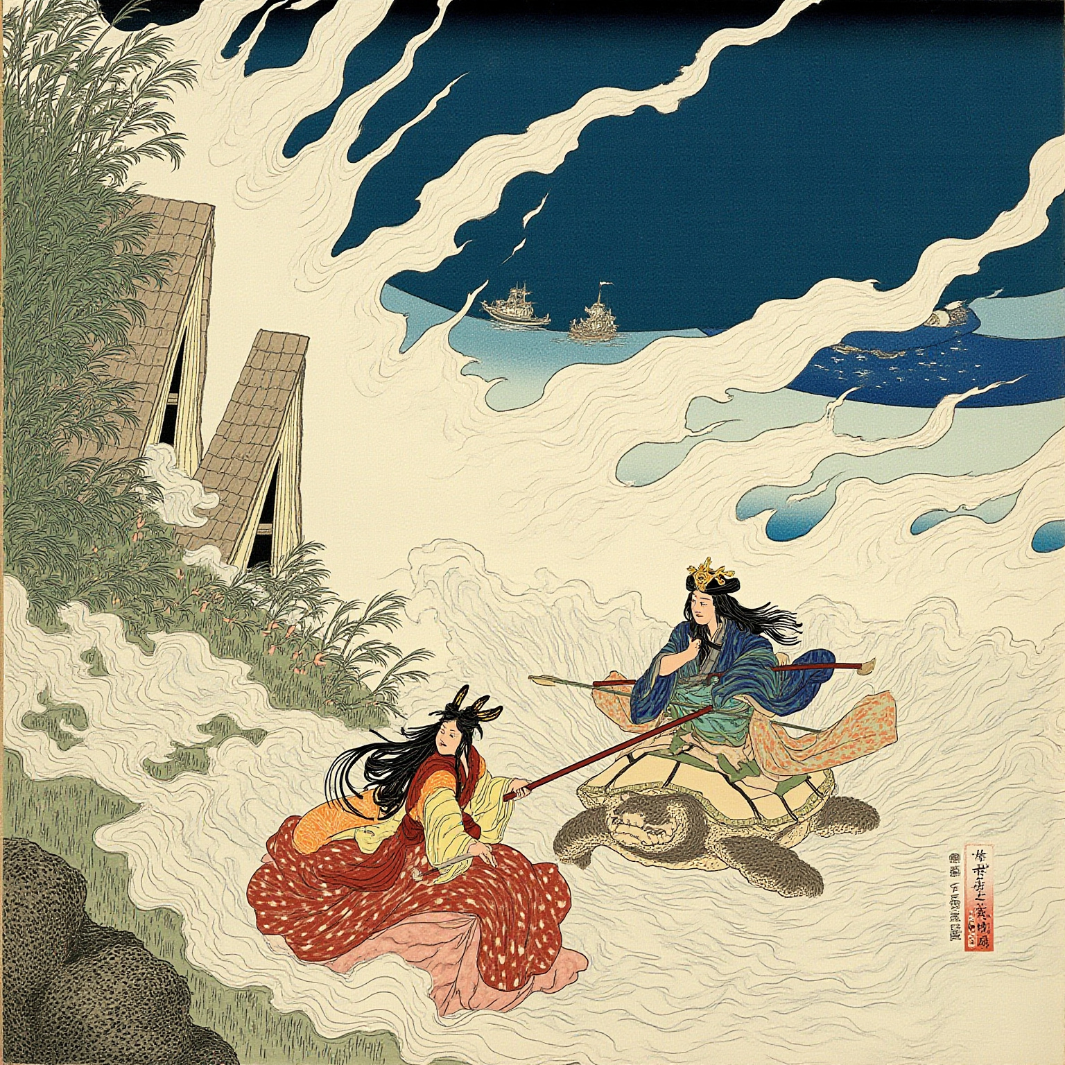 空旷的渔村废墟，遍地荒草，远处能看见几根残破的桩子，一只手举着一只打开的朱漆小匣，匣口喷出的白色烟气正在吞没画面的中景，画面一角能瞥见一只枯瘦的白发人的手——悲剧的高潮停在烟雾里。