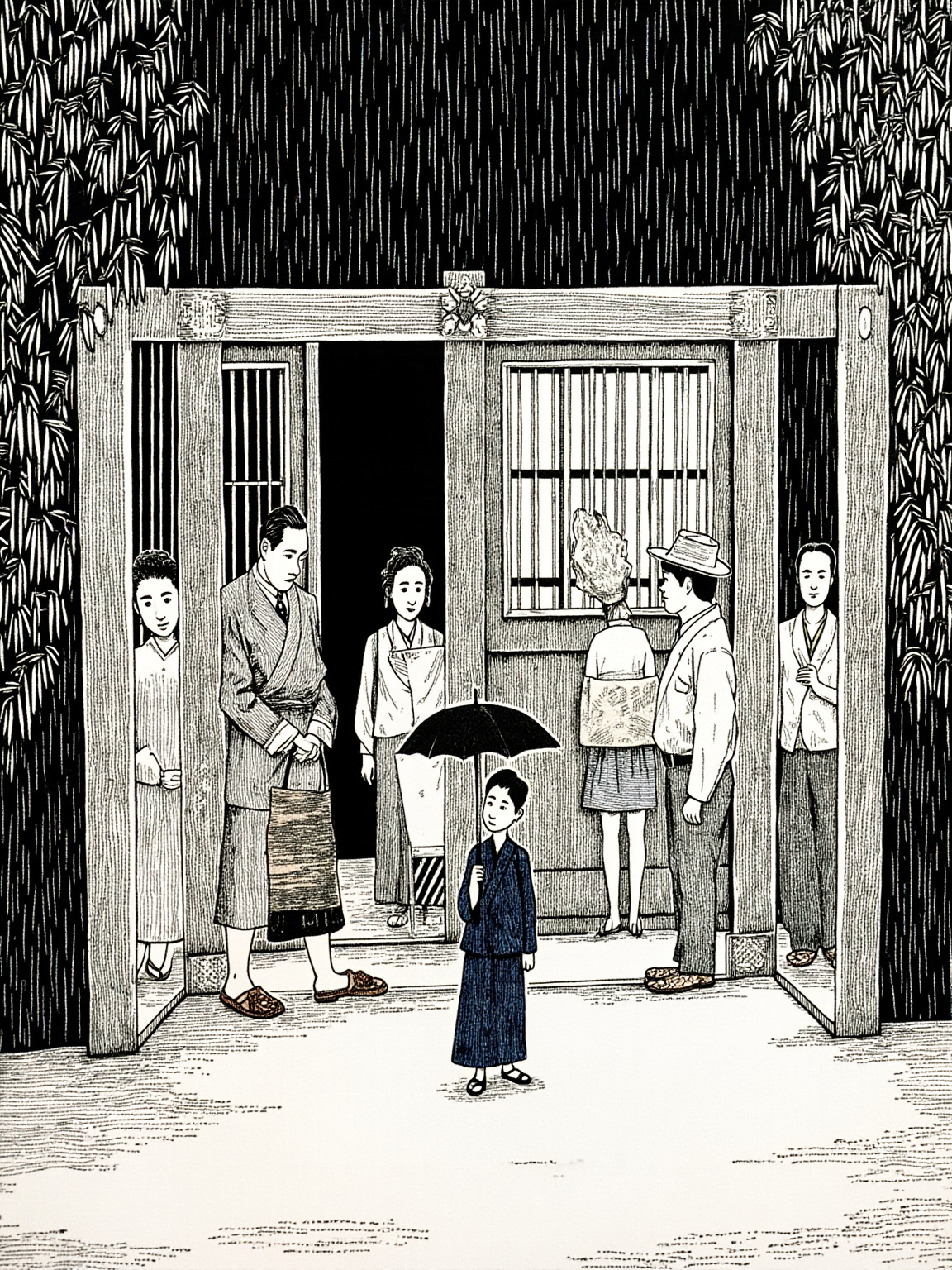 雨下个不停。邻人来帮忙，棺木从格子门里抬出，次郎站在檐下看着。