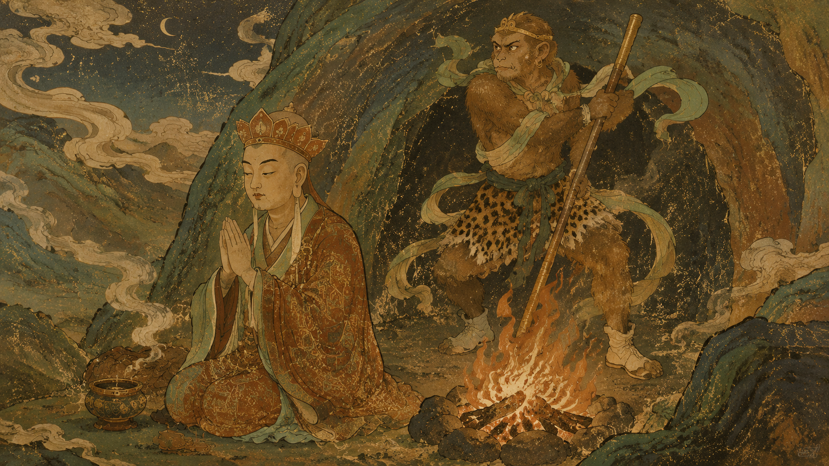 深夜山洞外，唐僧双手合十闭目念经，身后孙悟空拄着金箍棒守在洞口，火光映着两张脸——一张是凡人的惶恐，一张是猴王疲惫的警觉，氛围是漫长旅途中的相依为命