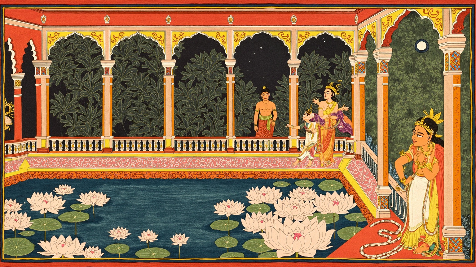 At Kāntipura the lotus pools glittered with garlands and mirrors, and the jeweled lintels burned in the moonlight — but the lovers, as ever, would miss each other by a breath.