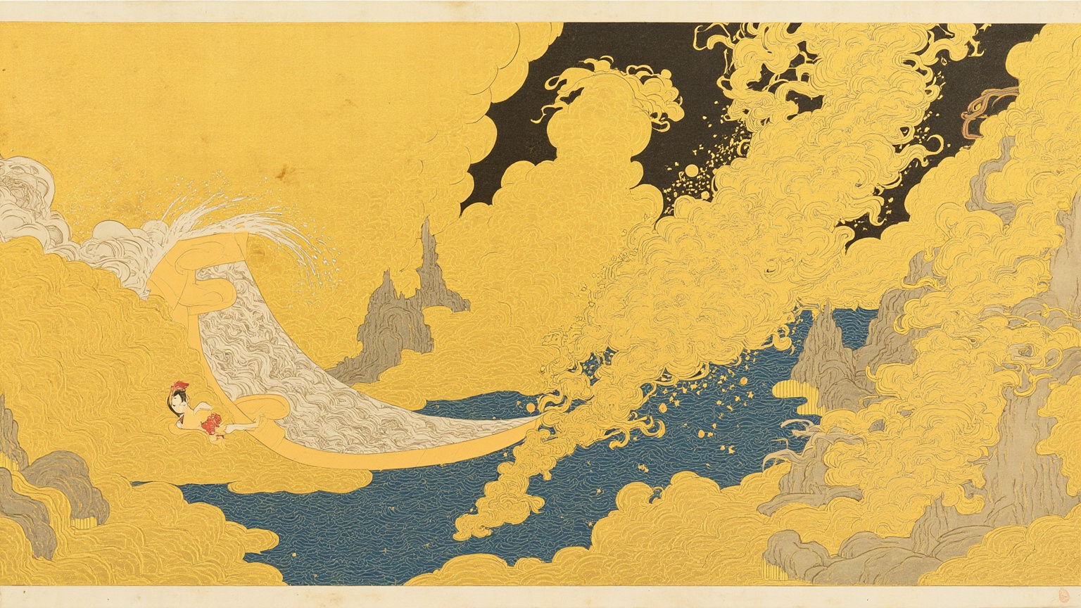 Then Ama-no-Uzume, fastening a mirror and a many-beaded string, stood before the Rock-Cave and overturned a bucket; the eight hundred myriads of gods laughed together with one voice.
