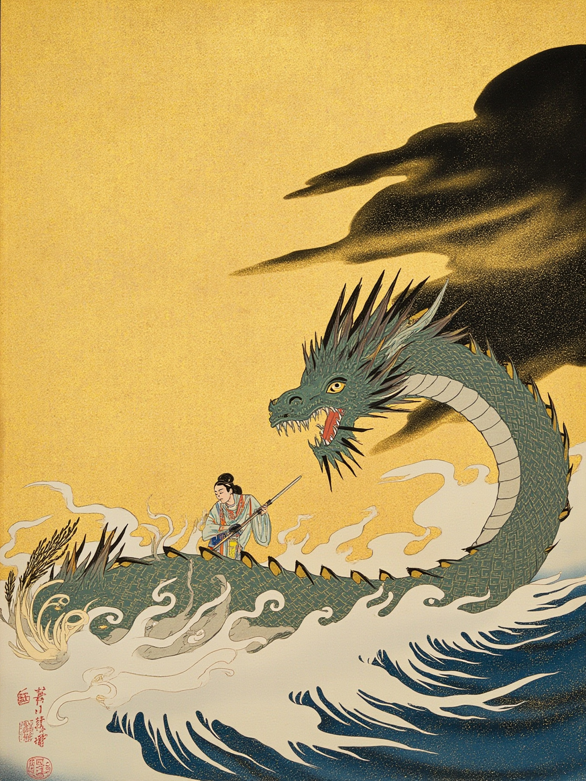 He slew the eight-headed serpent, and in its long tail he found a great sword. This sword he named Ama-no-Murakumo-no-Tsurugi, and offered it to the Sun Goddess.