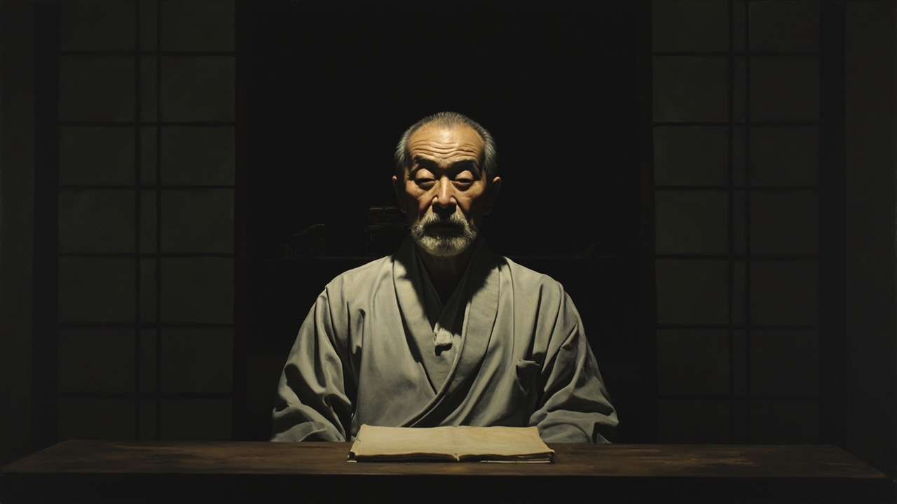 东京先生的昏暗书房里，一张矮桌、一封写完的长信静静躺着，墨迹未干；先生坐在桌后，已换上白色和服，面色平静；窗外是夏夜，远处能看见寺庙屋脊——屋内没有任何挣扎的痕迹，是一种预先决定好的告别