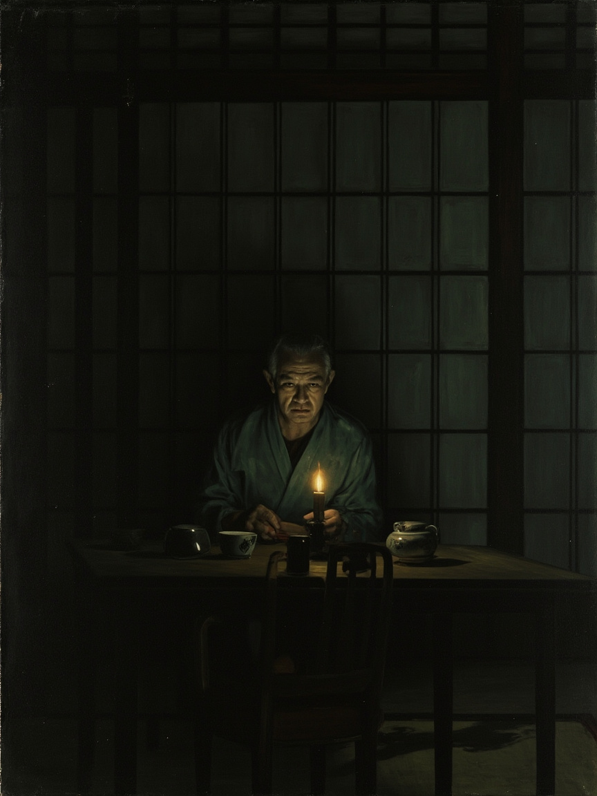 东京先生家的昏暗和室，先生坐在桌前，背对拉门的细光，面前一盏油灯，夫人跪在远处为他添茶，先生的侧脸是一种疲惫到近乎透明的冷——年轻学生坐在门边，正襟危坐地倾听