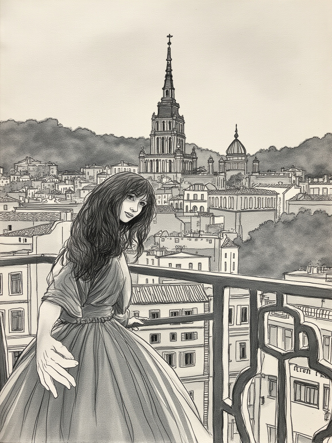 昏暗的大教堂内景——告解亭的木格栅把一个年轻女人的脸切成明暗两半,木格对面隐约能看见一位神父的侧影轮廓;烛光从高处落下,整个画面是铅灰里透着一小团暖黄。